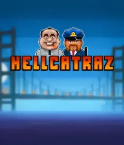 Explore the action-packed world of the Hellcatraz game by Relax Gaming, showcasing a cartoonish prisoner and a guard with the infamous Alcatraz prison and San Francisco skyline in the background. This image depicts the light-hearted escapade of an prison break-themed game, great for fans of retro gaming, providing a nostalgic gaming experience. 