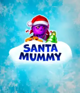  Experience the whimsical "Santa Mummy" slot game by Belatra, showcasing a Santa-clad mummy dressed in festive holiday attire. This vibrant image presents the mummy with a bright purple hue, wearing a Santa hat, against a backdrop of snowy blue with frosty snowflakes. The game's title, "Santa Mummy," is prominently displayed in large, frost-like blue letters.