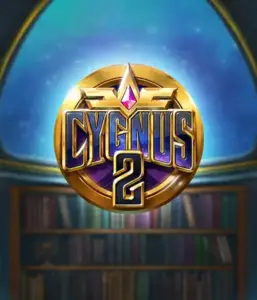 Experience the captivating graphics of ELK Studios' Cygnus 2 Slot, showcasing a spectacular golden emblem with a shining purple and gold design. Positioned against a celestial library setting, this image conjures the theme of exploration and mystery. 